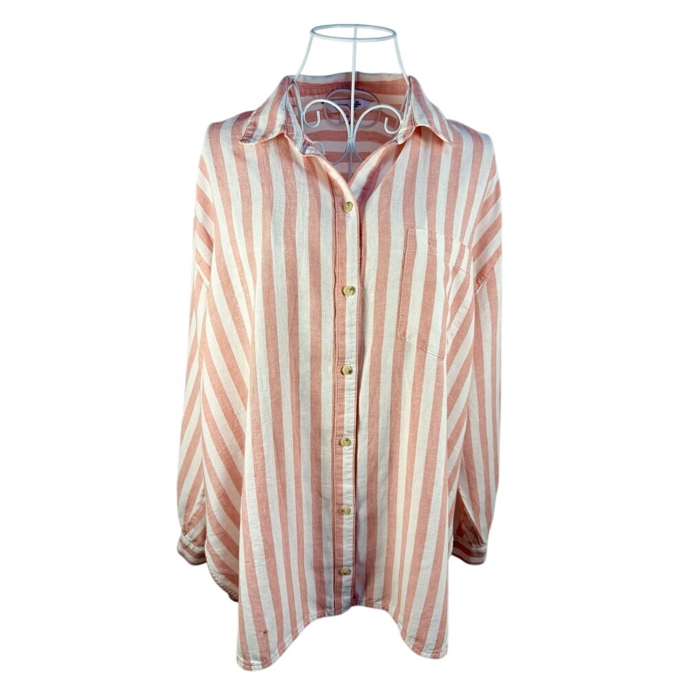 Old Navy Button Down Womens XL Pink Striped The Boyfriend Shirt Linen Blend Long